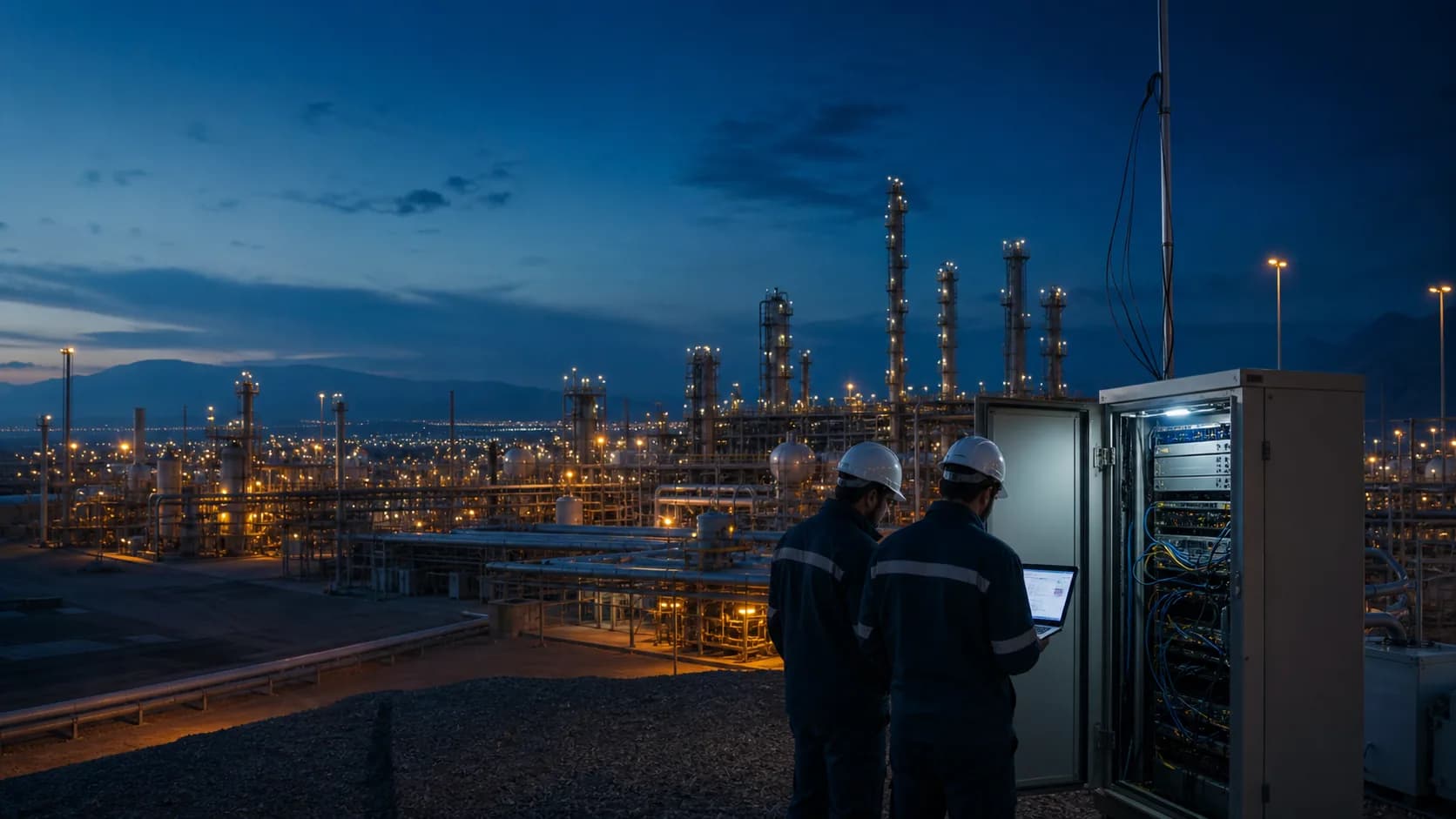 A generic energy facility at dusk with secure network infrastructure and technical staff
