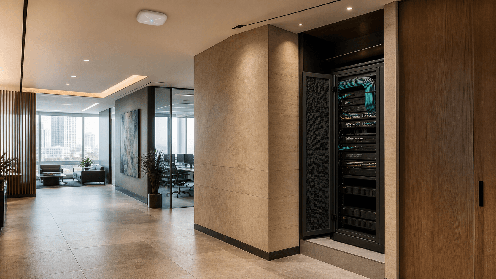 A modern office and commercial interior with enterprise network infrastructure