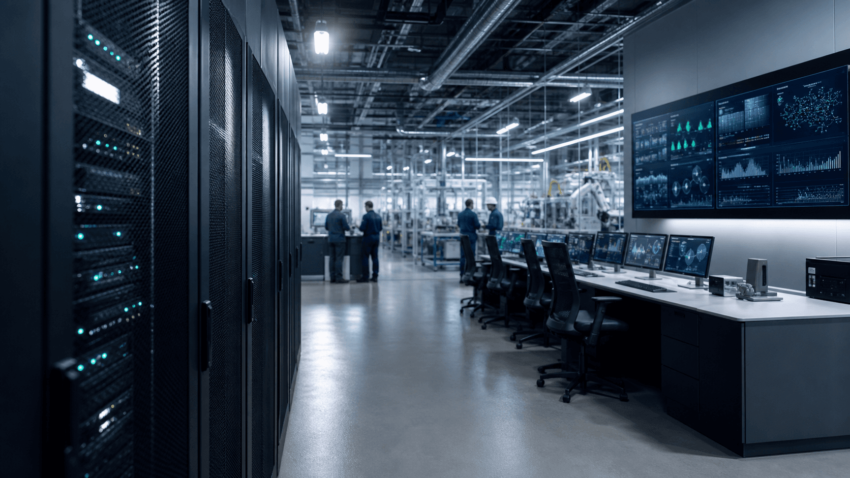 A generic manufacturing operations room with server infrastructure and distant technical staff