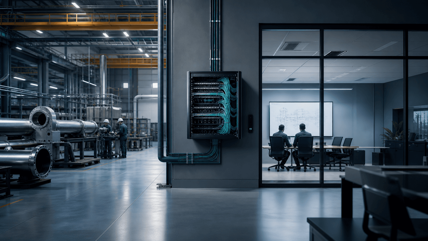 A generic industrial workshop and office connected by organized network infrastructure